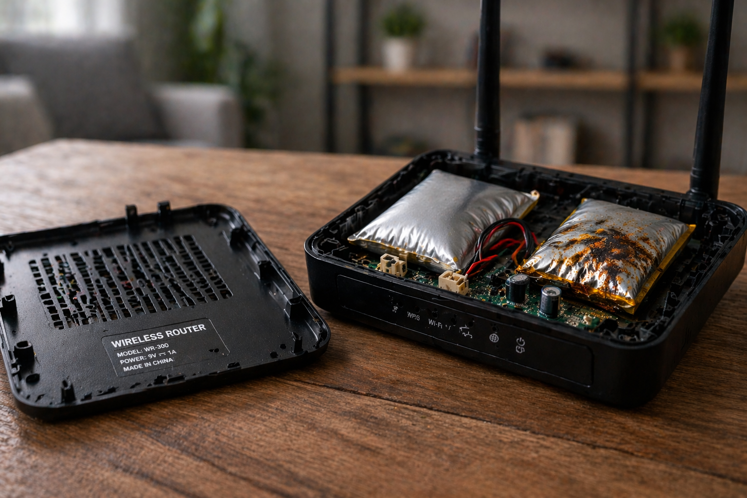 Damaged-router-with-swollen-batteries-inside Damaged-router-with-swollen-batteries-inside