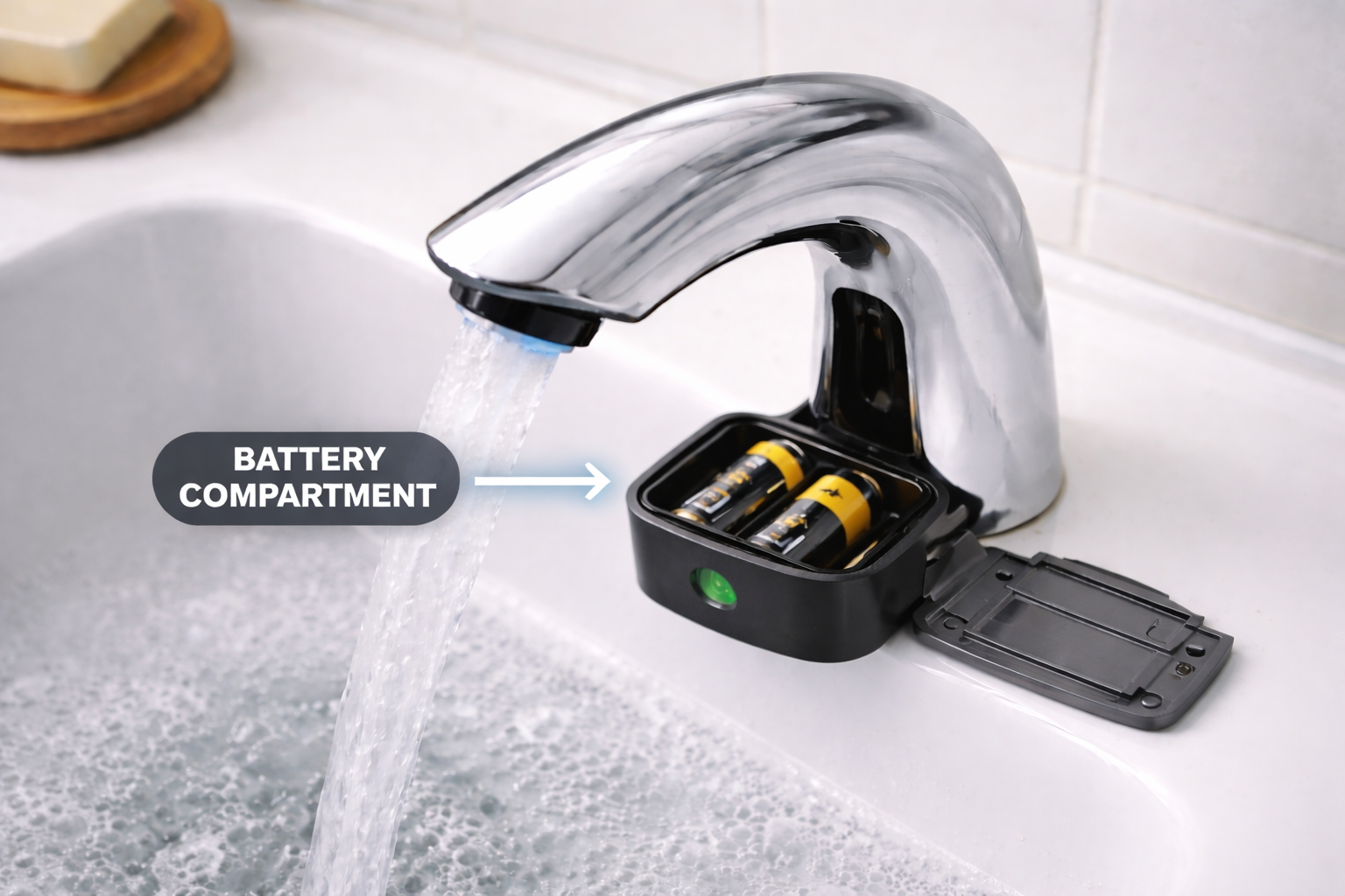 Faucet-with-visible-battery-compartment