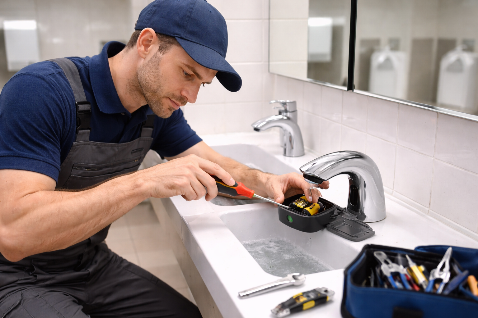 Plumber-repairing-touchless-faucet-in-restroom
