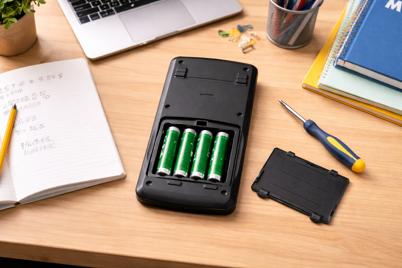 Scientific-calculator-with-open-battery-compartment