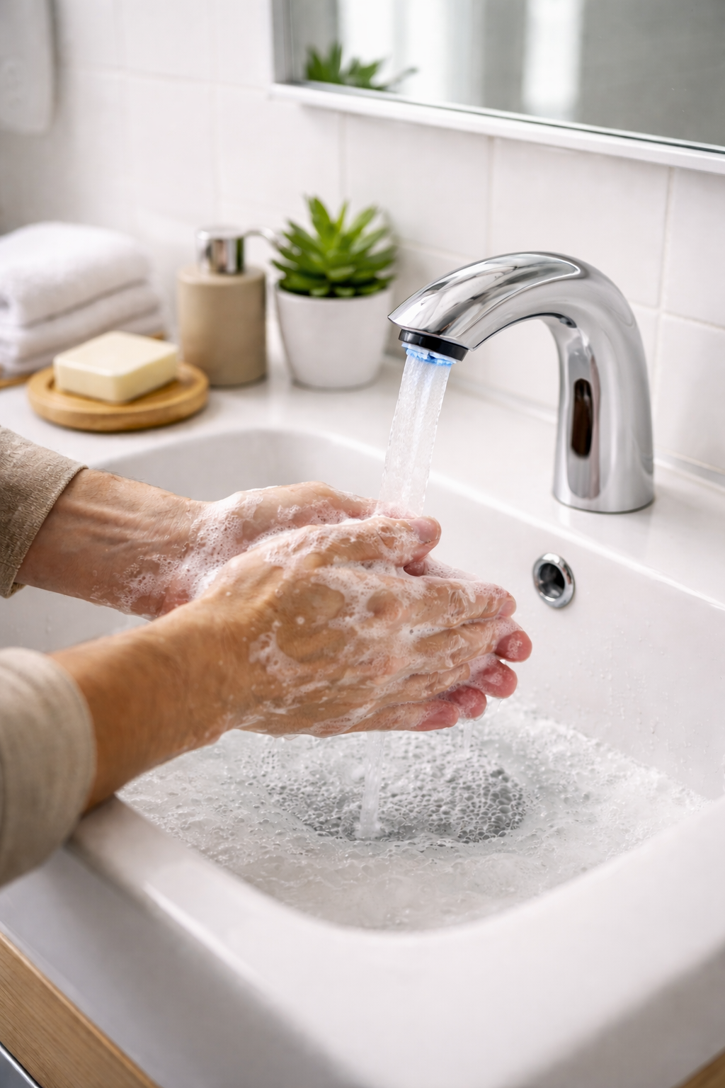 Washing-hands-under-touchless-faucet